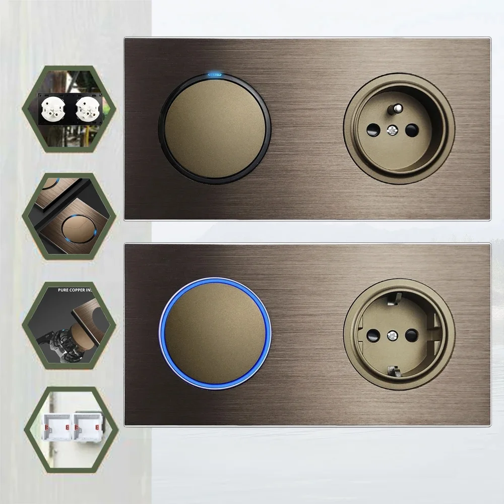 Interrupteur mural marron, prise murale européenne française, plaque en aluminium brossé, bouton rond avec indicateur LED bleu, Double panneau