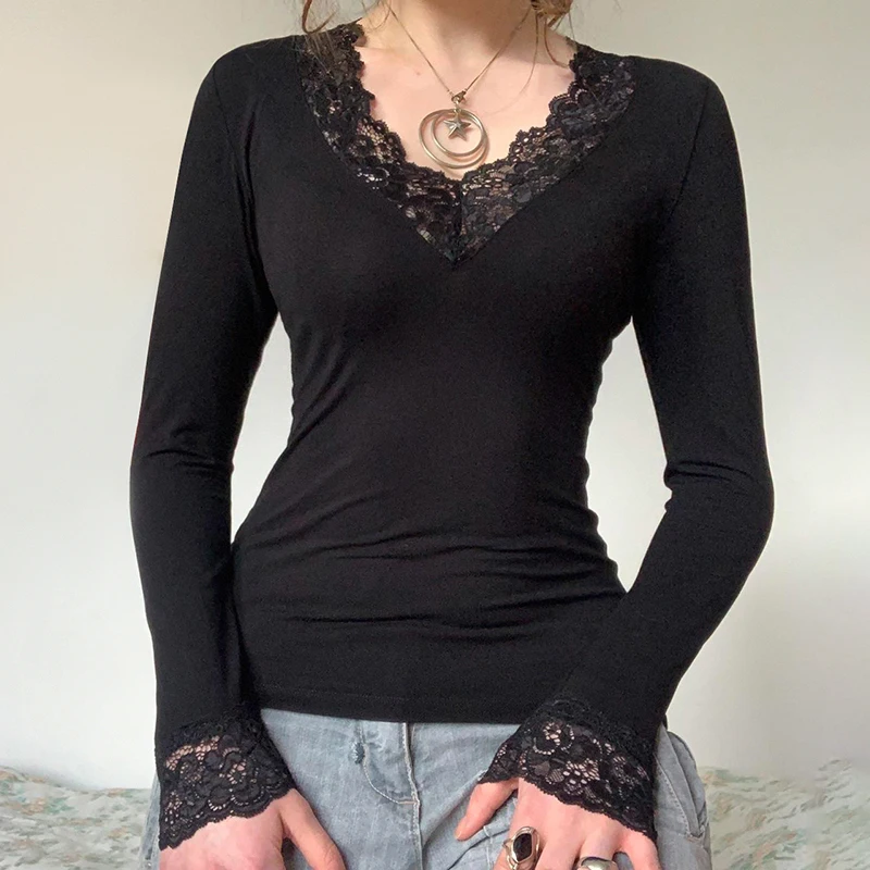 Elegant Women's Lace Patchwork Top Black Skinny Long Sleeve V-Neck T-shirts Y2K Tops Spring Pullover Fashionable Casual Clothes image 5