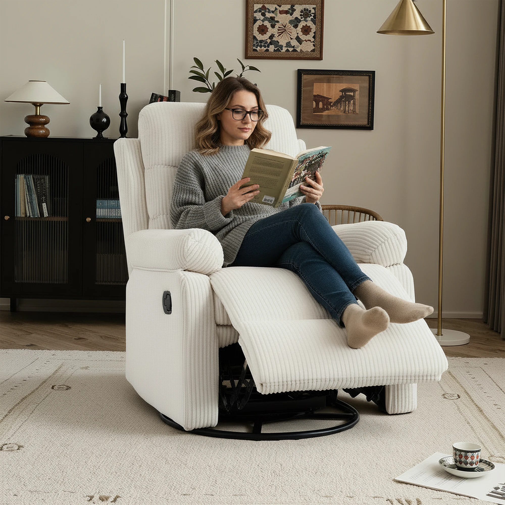 Soft Corduroy Fabric Swivel Rocker Recliner Chair, Manual Adjust Reclining Lounge Sofa Chair for Reading Nook Relaxing Use