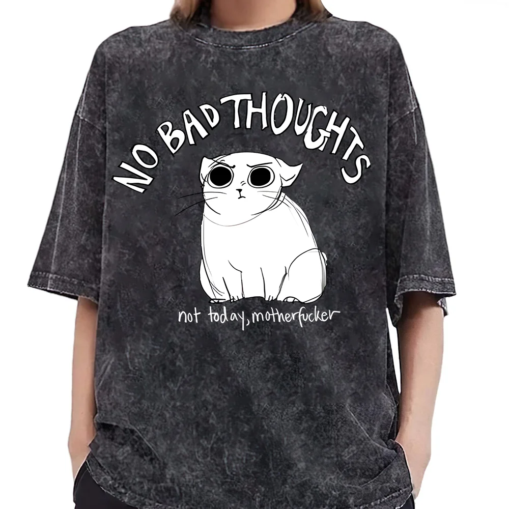 

No Bad Thoughts Funny Cat Graphic Tees Summer Women's Hip Hop Trendy Oversize Washed Short Sleeve T-Shirt Crew Neck Tops