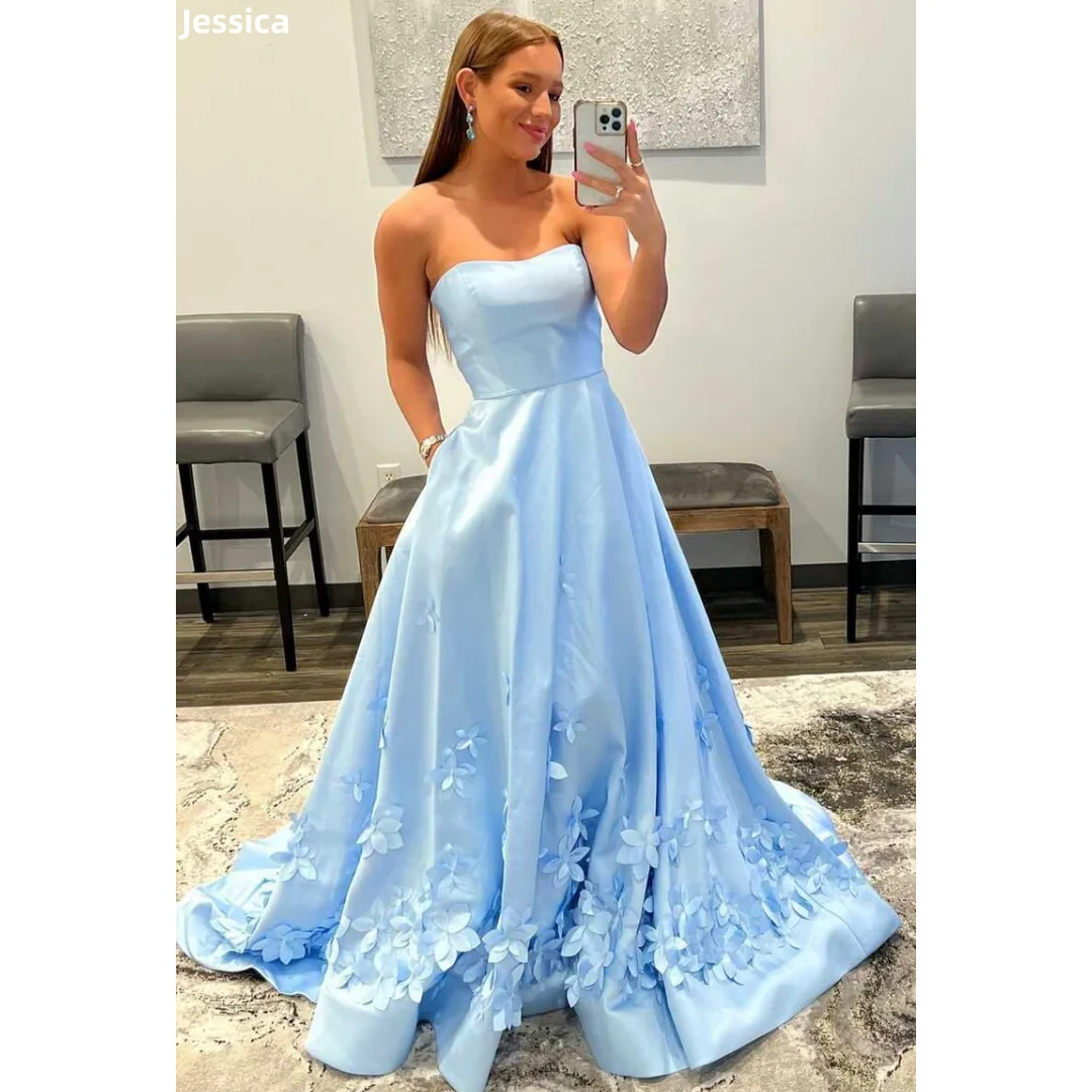 

Jessica Handmade 3D Flowers Evening Dresses Sky Blue Prom Dresses Off-shoulder satin Women Wedding Party Dresses Customized