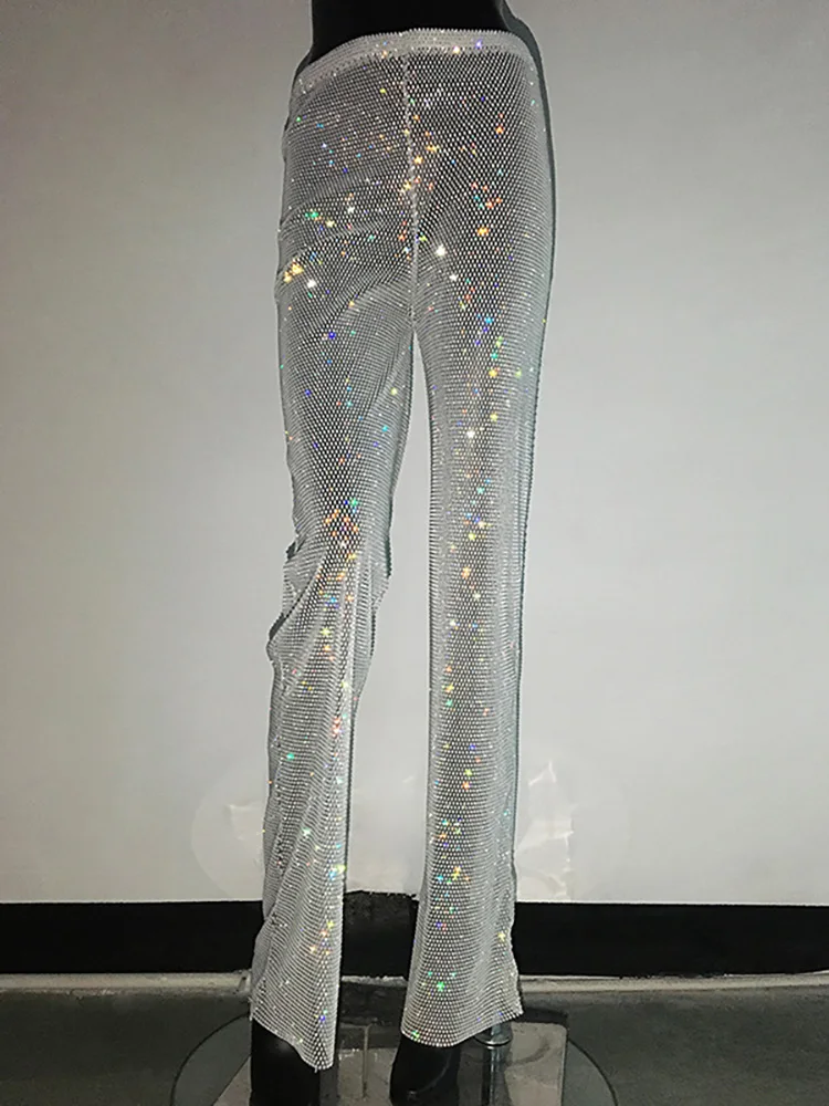 Pantaloni da donna con strass glitterati di lusso da festival y2k Pantaloni lucidi da sera per feste da discoteca con diamanti a rete trasparenti sexy