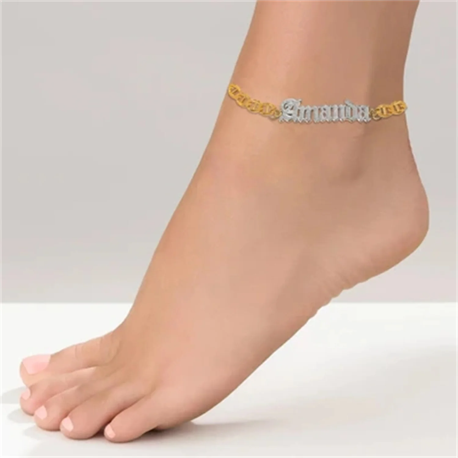 

Personalized Two Tone Name Anklet Custom Old English Font Letter Gold Plated Anklet Double Layer Nameplate Pendant Jewelry Gifts