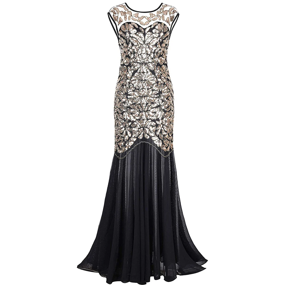 

Vestidos Vintage Mujer Sequins Beading Long Evening Dresses Formal Round Neck Lace Long Sexy Women Party Special Occasion 1920s