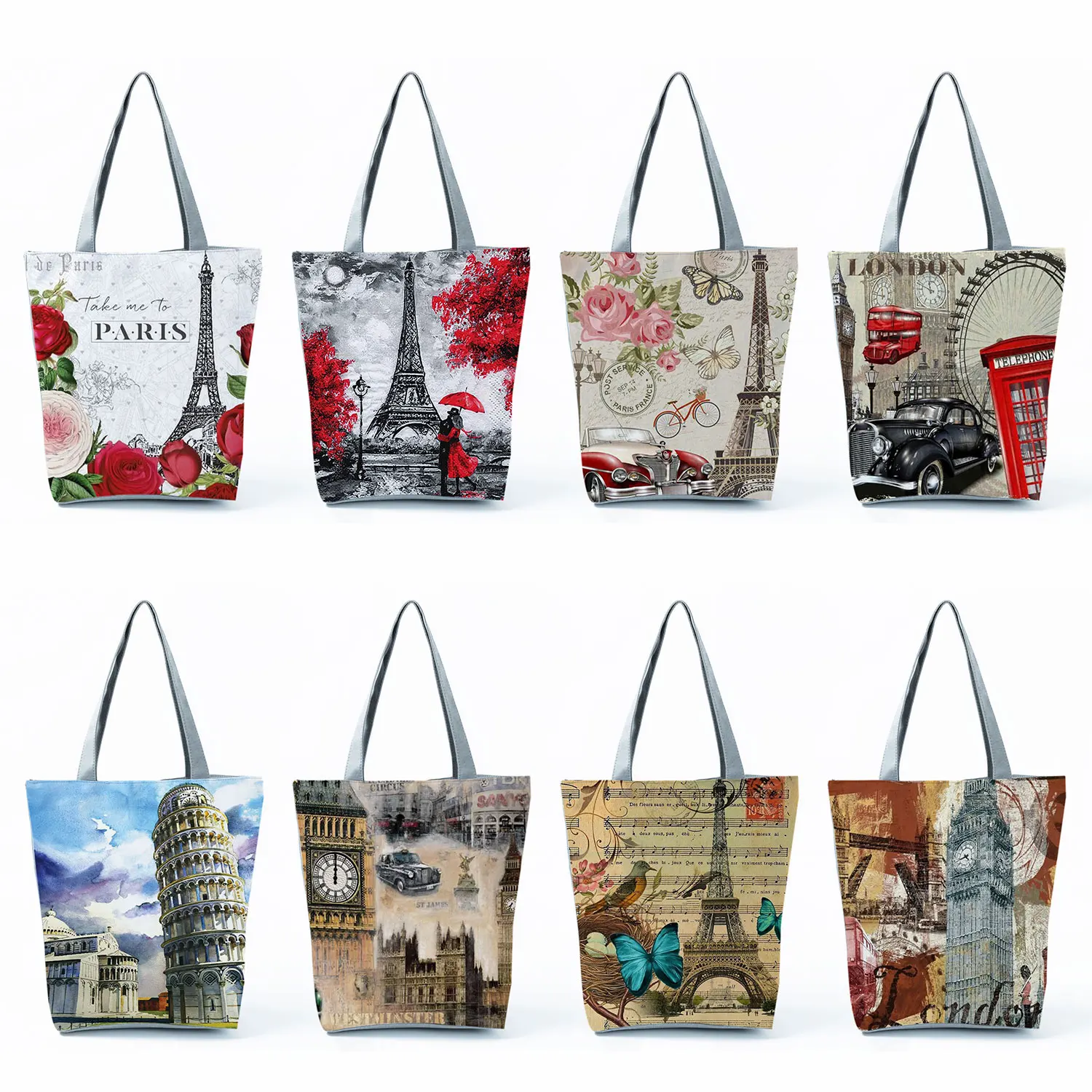 Handbags Women Shoulder Bags Eiffel Tower Big Ben Printed Beautiful Landscape Gift Shopping Bag Tote Casual Building Iron Tower