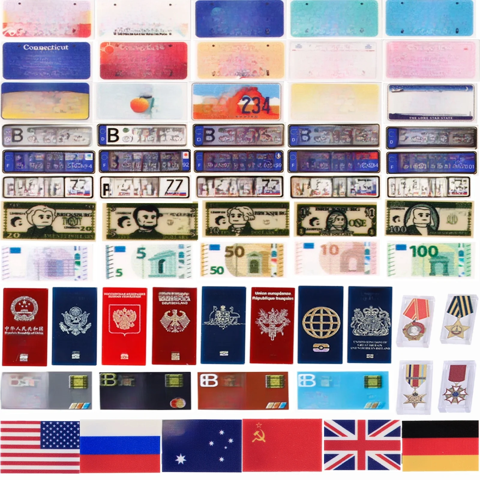 MOC – Kit de blocs de construction d'argent, carreaux imprimés 1x2, cartes bancaires imprimées, passeport, accessoires de bricolage, jouets en brique, cadeau pour garçons