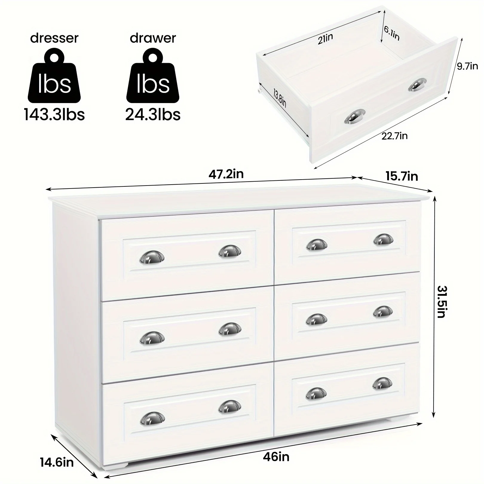 6 Drawer Double Dresser, Vintage Chest of Drawers with Shell Handle for Bedroom, Dresser for Clothes Storage and Organizer