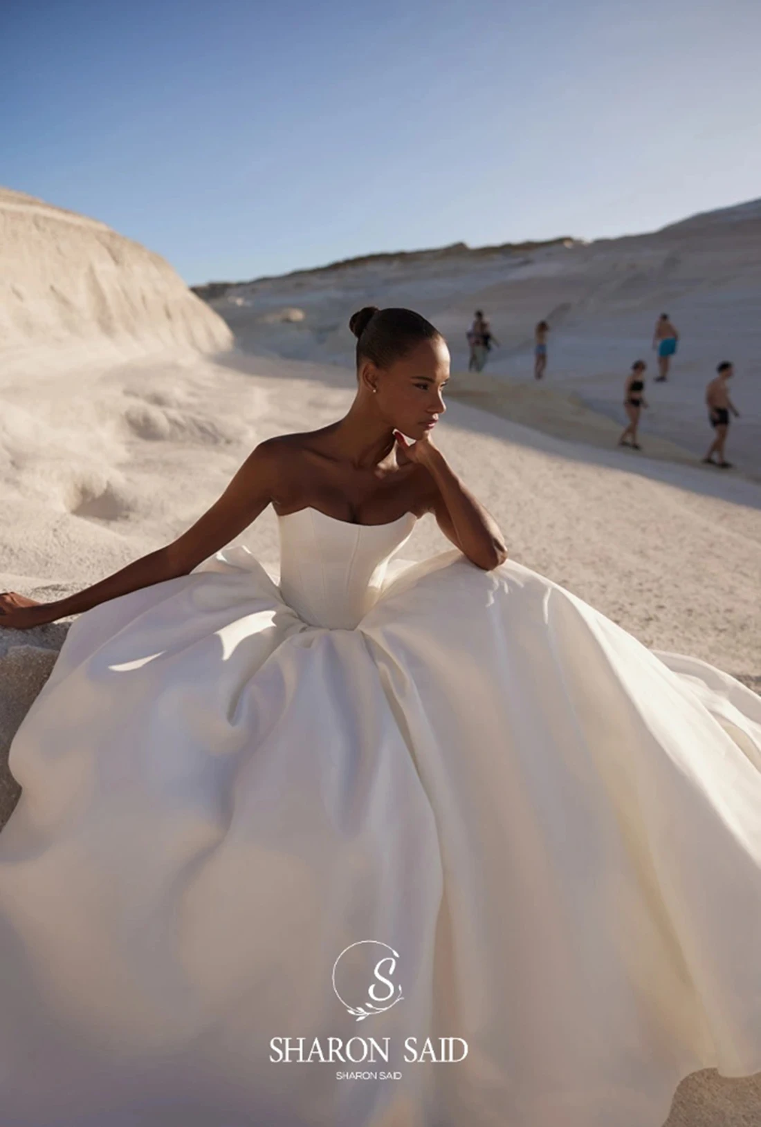 Sharon Said Romantic Strapless A-Line Off White Satin Wedding Dress 2025 With Detachable Cape Corset Bride Gown SW227 Customized