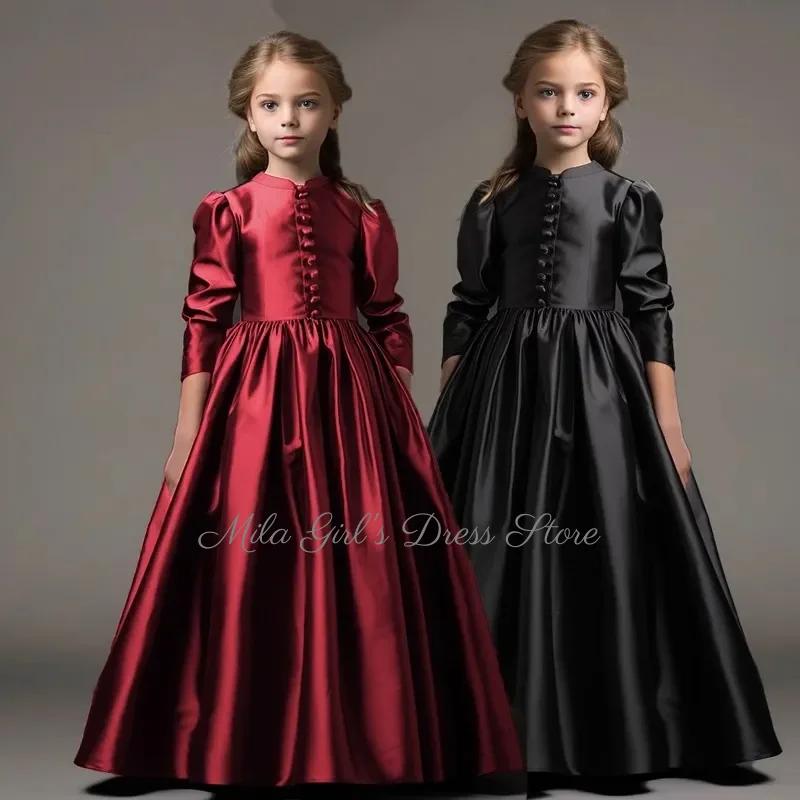 Customized Modest Flower Girl Dress Wine Red Satin High Collar Buttons 3/4 Sleeves A-Line Long Kids First Communion Gown