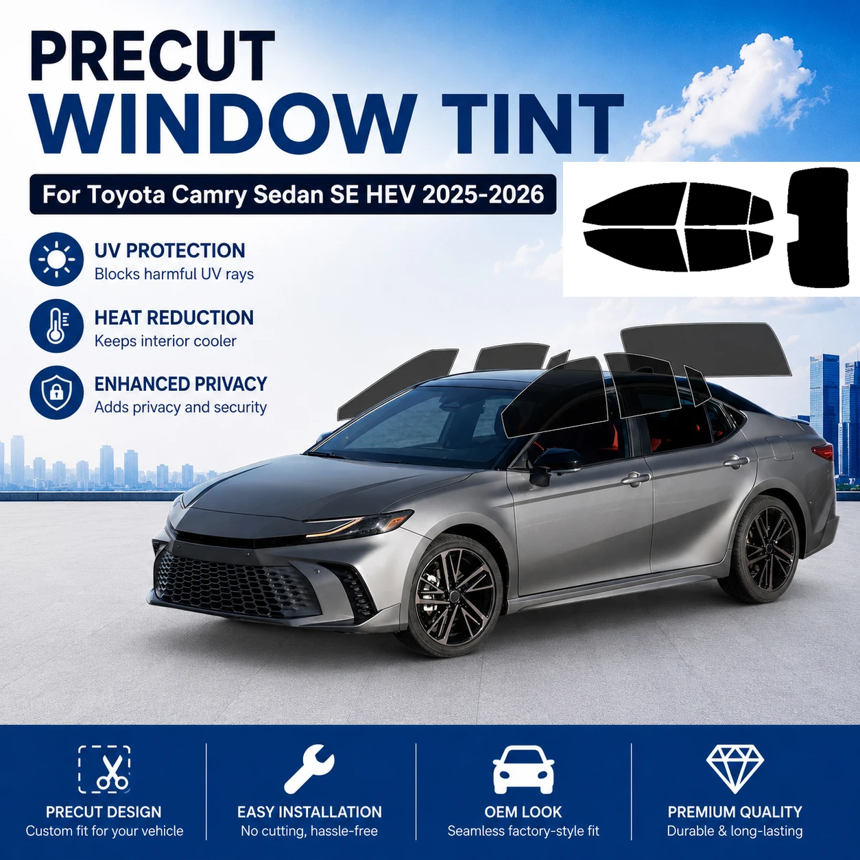

Precut Window Tint Car for Toyota Camry Sedan 2025 Auto Sun Uv Blocking Heat & Glare 2Ply Window Protector Privacy Films Shade