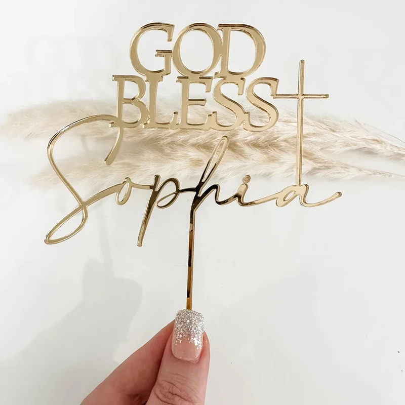 Custom Cake Topper Baptism Cake Topper God Bless Cake Topper Acrylic Cake Charm Cross Cake Topper Personalized Wood Cake Topper