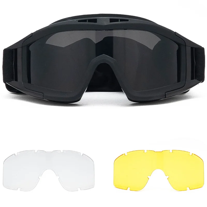 Windproof e Dustproof Tactical Goggles, Airsoft, 3 Lens Óculos, Motocross, Motocicleta, Óculos de Tiro, CS, Resistir