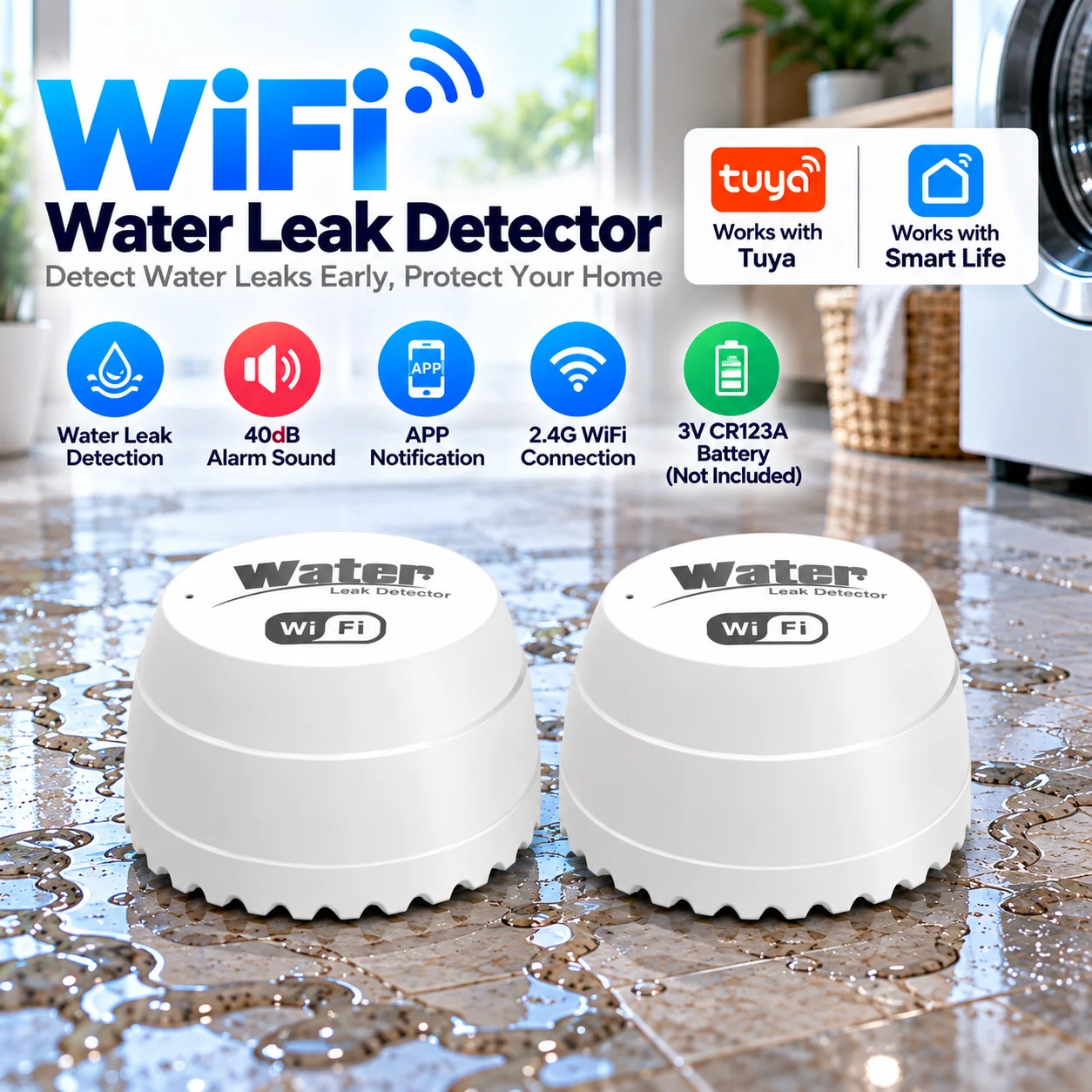 40DB WiFi Water Leak Detector Flood Sensor Alarm Tank Leak Water Full Water Linkage Alarm Work with Tuya APP Remote Monitoring
