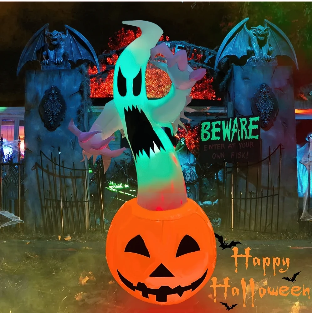 

6 FT Halloween Inflatables Outdoor Decoration, White Ghost, Pumpkin, Blow Up Yard Decoration with LED Lights