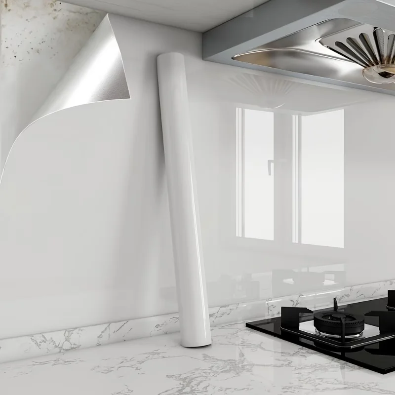 A Roll Of Glossy Refurbished Style Marble Patterned Grease Proof Film Suitable For Various Surfaces Such As Walls And Tabletops.