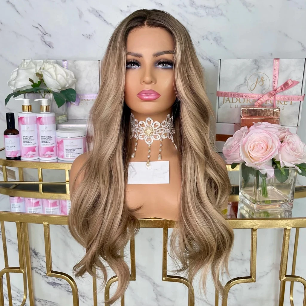 

Medium Brown Ash Blonde Balayage Highlights Full Lace Wigs Premium Brazilian Hair Slight Wavy HD Invisible Transparent Lace 13x6