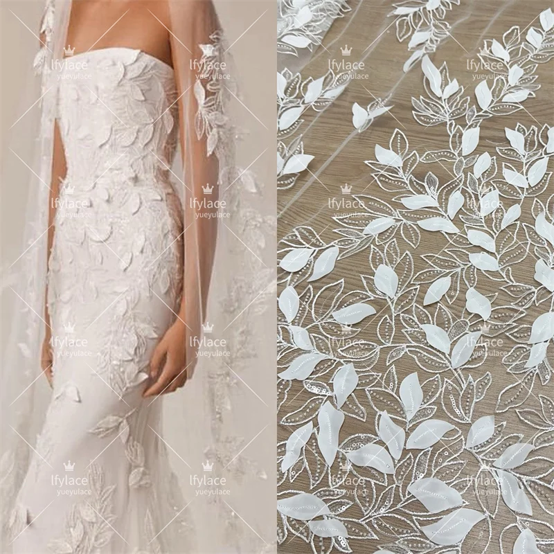 

2024 Latest 3D Off White Leaves Pattern Bead Embroidery Lace Fabric Wedding Dress Lace Sell By 1 Yard