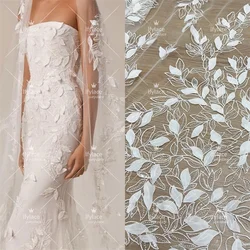 2024 Latest 3D Off White Leaves Pattern Bead Embroidery Lace Fabric Wedding Dress Lace Sell By 1 Yard