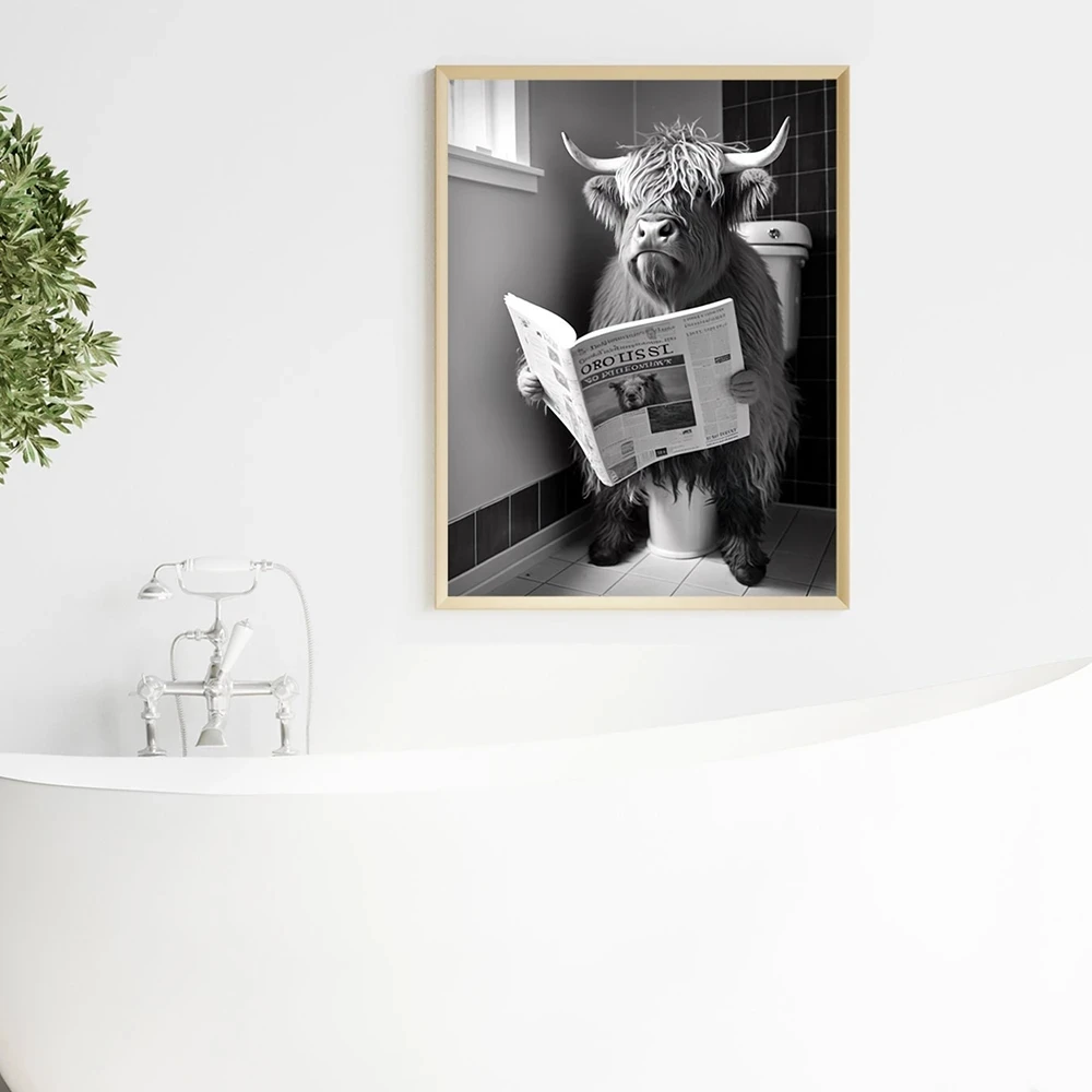 Funny Animals Sitting on the Toilet Reading a Newspaper Prints Bathroom Wall Decor Pictures Monkey Dog Cow WC Wall Posters