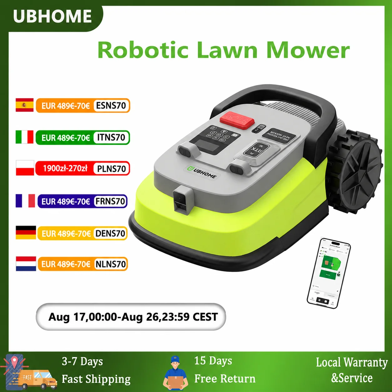 UBHOME M10 Roboter-Rasenmäher – kabellos, 1000 m2, 90 Minuten Laufzeit, 55 % Neigung, RTK+AI Vision Roboter-Rasenmäher mit App-Steuerung