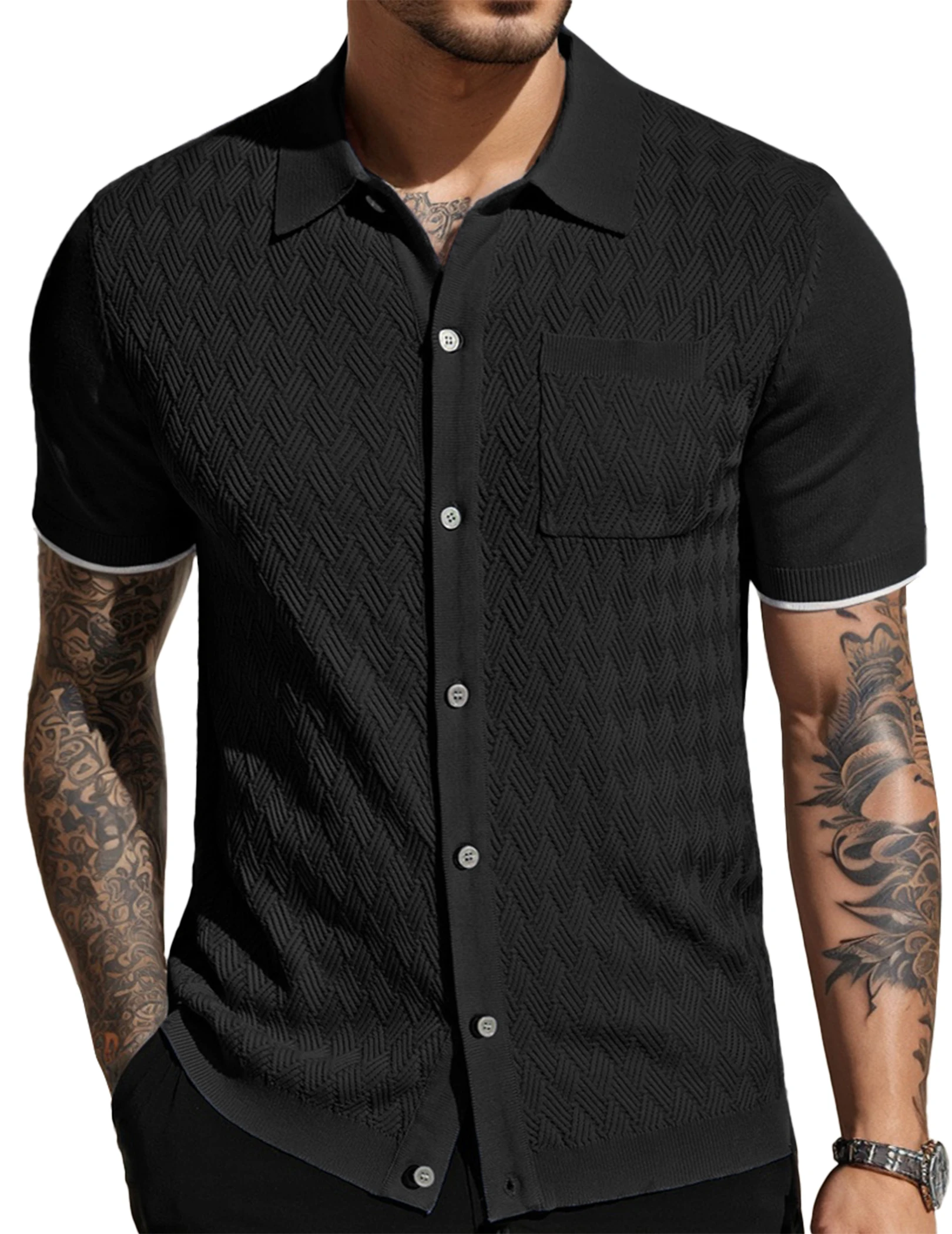 Men's Casual Short Sleeve Knit Textured Button Polo Shirt - Stylish and Breathable Design for Everyday Wear