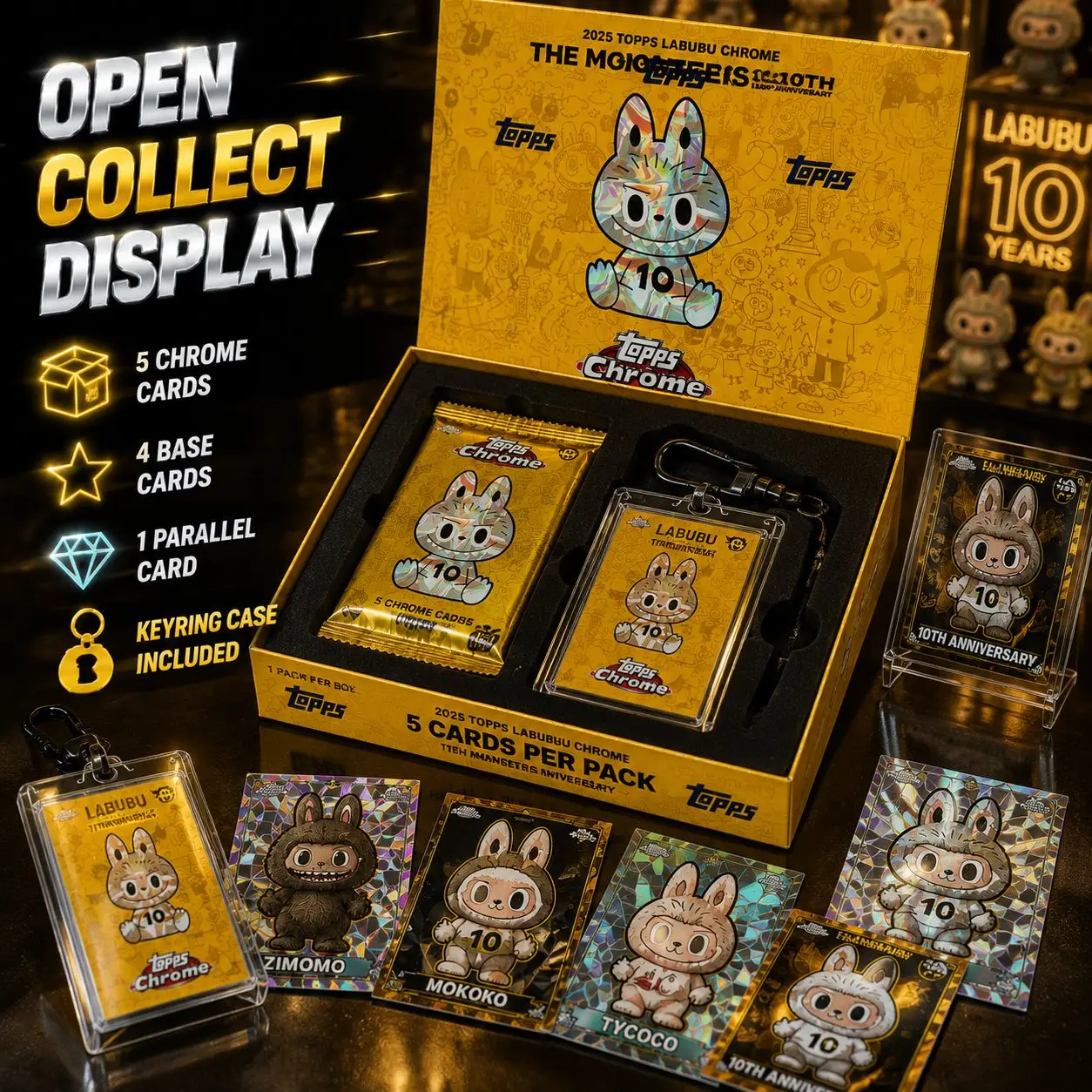 2025 Topps Chrome Labubu 10th Anniversary Collector Box, 5 Chrome Trading Cards, 1 Parallel Card & Collectible Keyring Magnetic Display Case, Factory Sealed Anniversary Edition, Christmas Gifts & Holiday Collectibles
