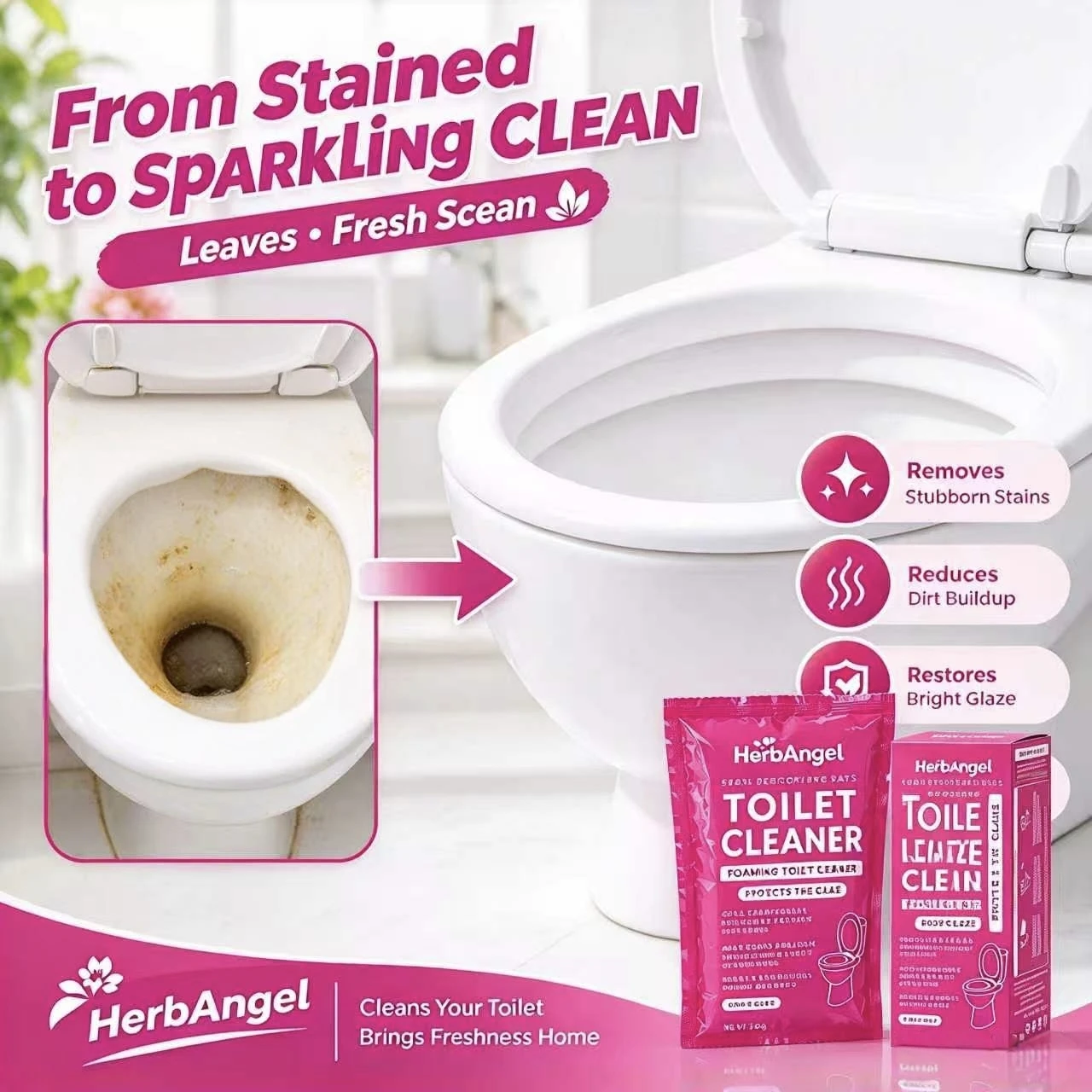 Toilet Bowl Cleaning Powder Powerful Foaming Cleaner Eliminate Odor Deeply Cleans Stain Effectively Removes Dirt Flower Scent Thick Foam Protect Septic Easy to Use Bad Smell Neutralizer