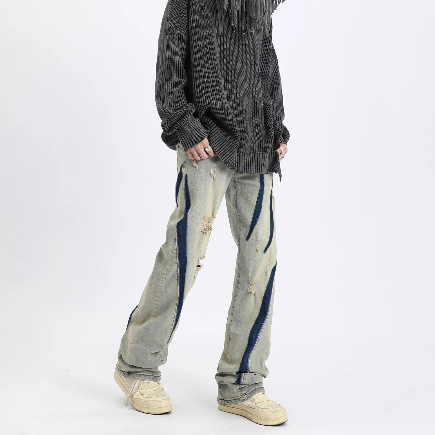 

Y2K Tie-Dye Hole Cargo Jeans Men Streetwear Black Blue Denim Jogger Pants Baggy Harem Jean Hip Hop High Street Straight Trousers