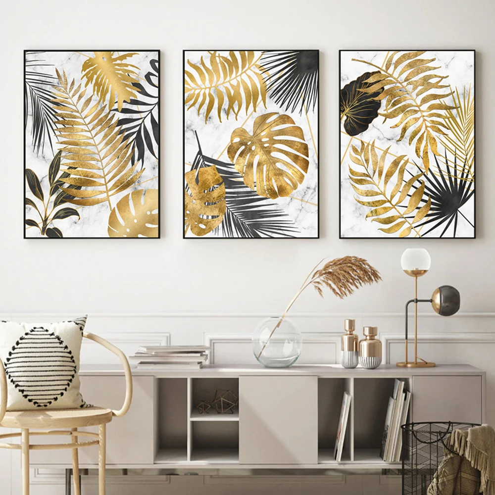 3PCS Frameless Abstract Golden Tropical Monstera Leaf Poster Still Life Pictures Canvas Painting for Living Room Home Wall Decor