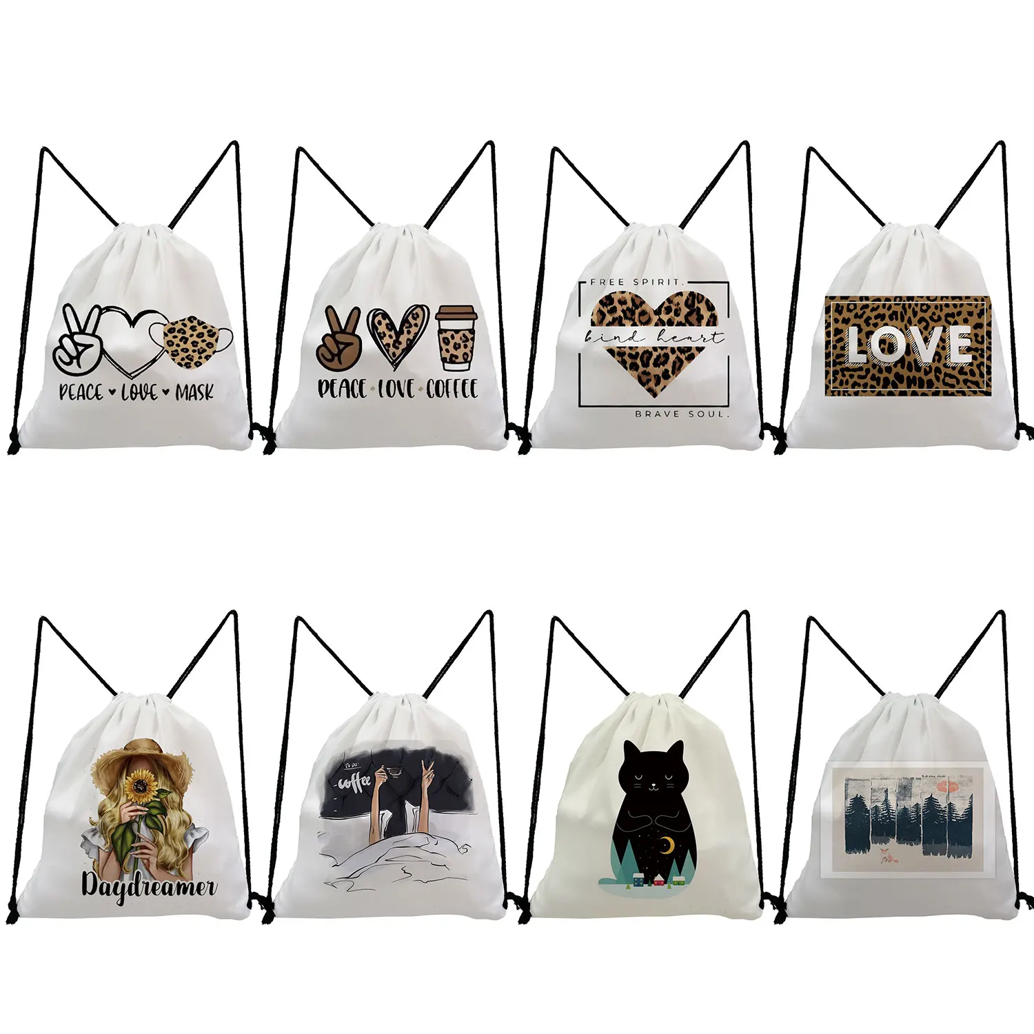 String Shoes Bag Eco Friendly High Quality Custom Drawstring Pocket Backpacks For Students School Book Bag Leopard Letter Print