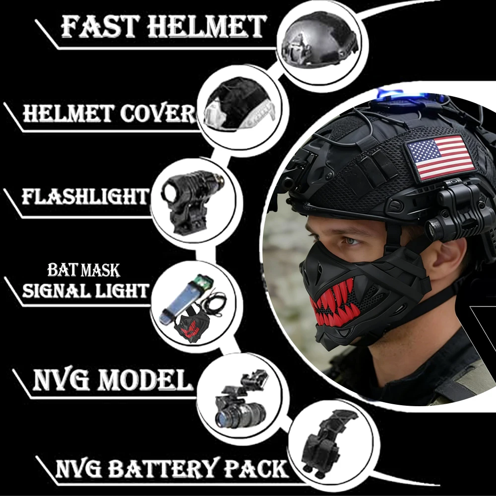 Military Tactical FAST Helmet, Airsoft Helmet 6-in-1 Set with NVG Simulation Model Bat Mask, for Paintball Outdoor Field Cosplay