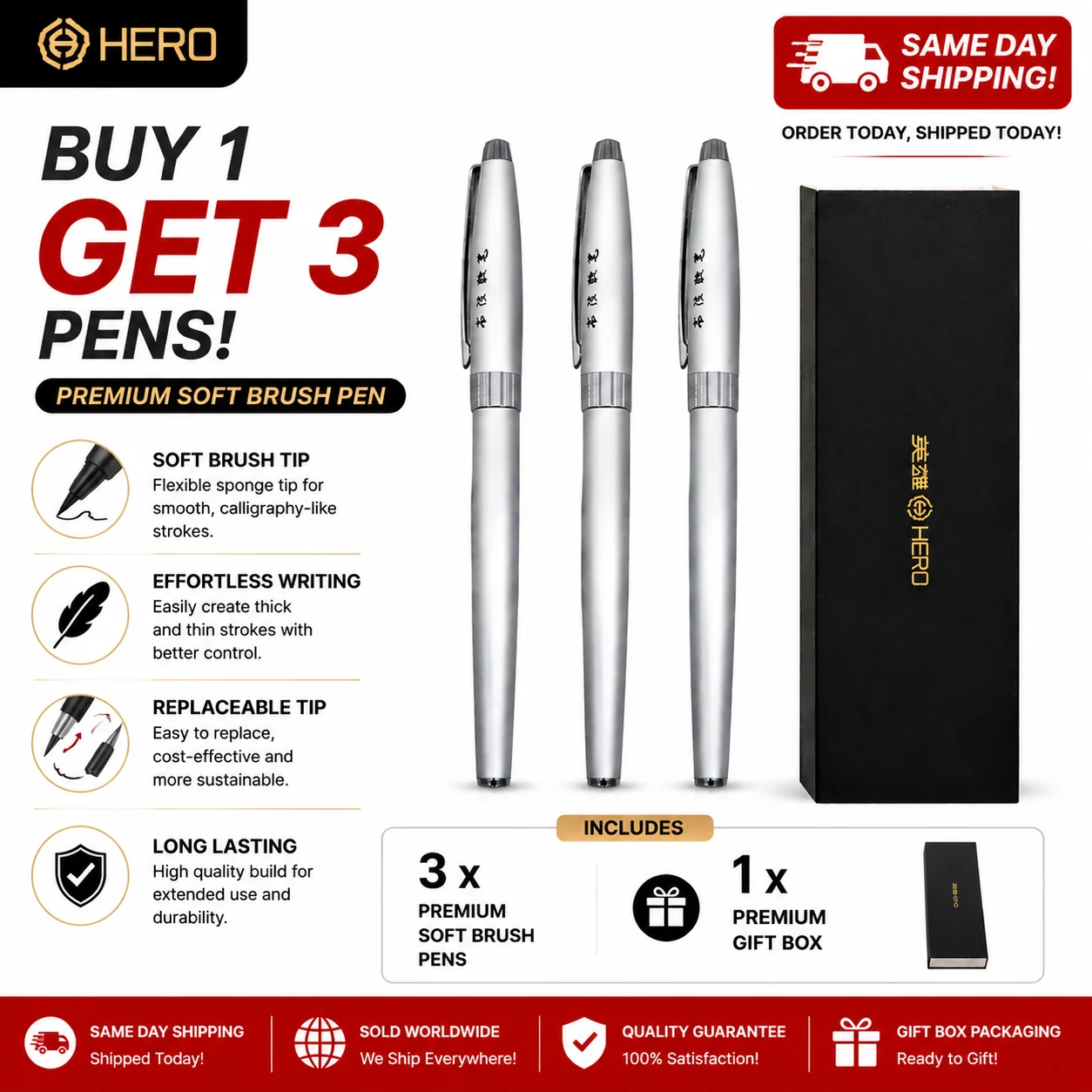 Hero 1080 Refillable Soft Calligraphy Brush Pen 3-Pack Value Set Flexible Tip For Chinese Calligraphy Writing Practice Signature