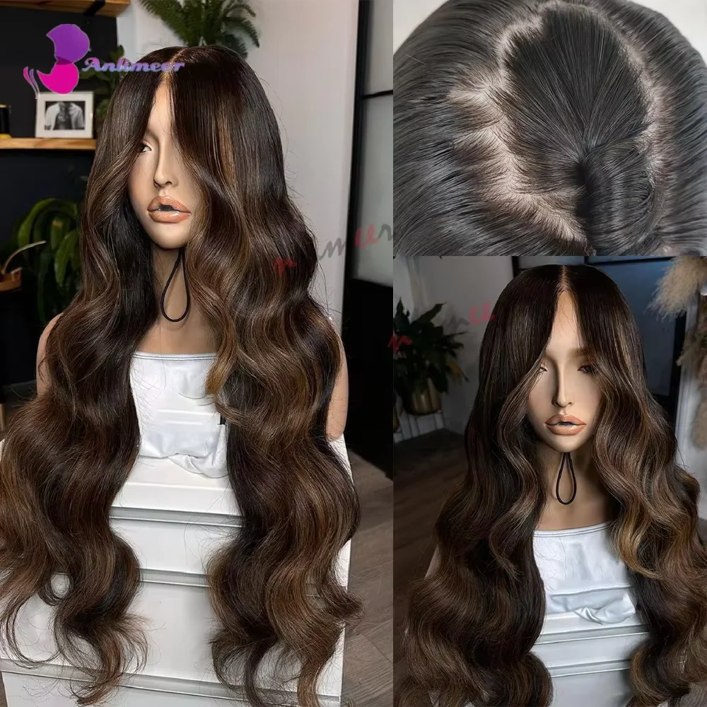 Klebefreie Lace-Front-Perücken mit Seidenbasis, 13x4 oder 5x5 lange Perücken, Body Wave Echthaar-Perücke, Dunkelbraun mit Highlights
