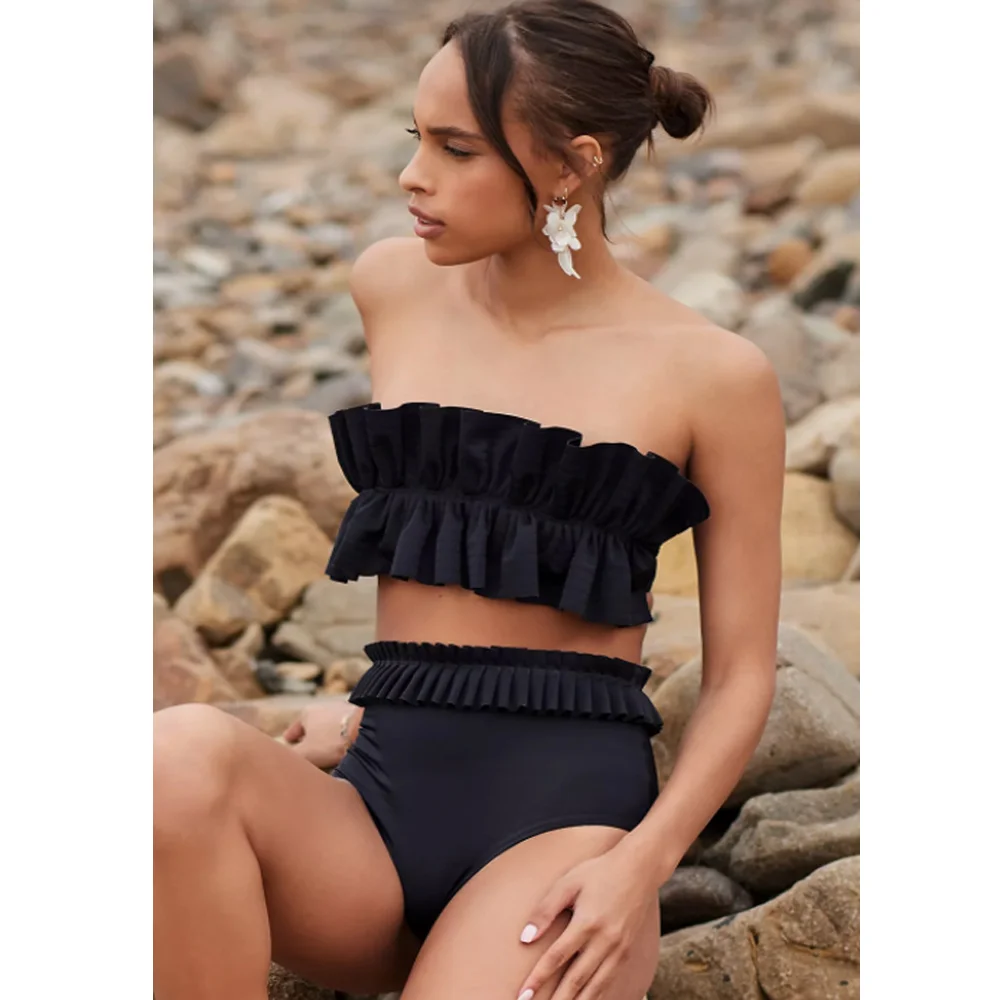 Bañador Retro sin tirantes para mujer, ropa de playa para vacaciones, traje de baño de diseñador negro, ropa de Surf Vintage para verano