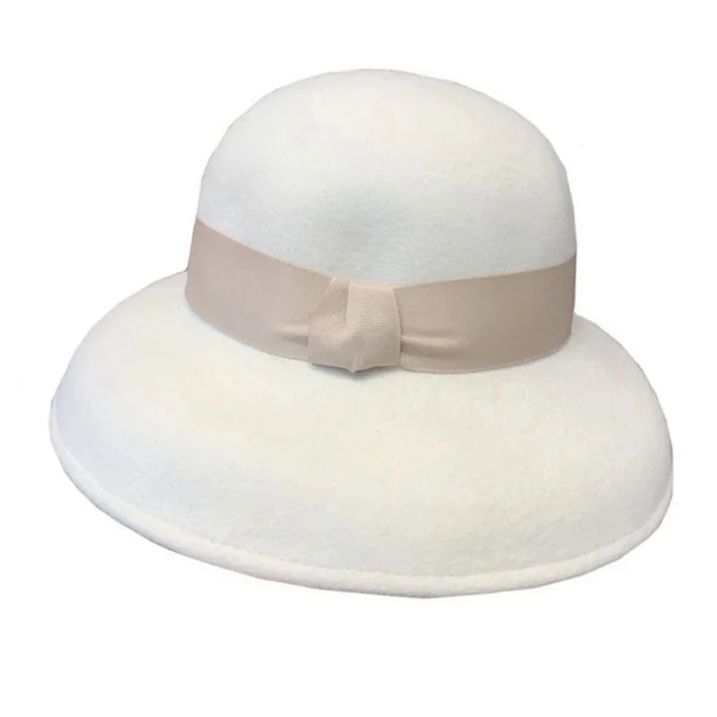 Klasyczny biały filcowy czapka zimowa ciepły Cloche wełniany kapelusz wstążka kokardka Floppy Brim Derby ślub kościół kapelusz Fedora sukienka damska kapelusz — zdjęcie 2