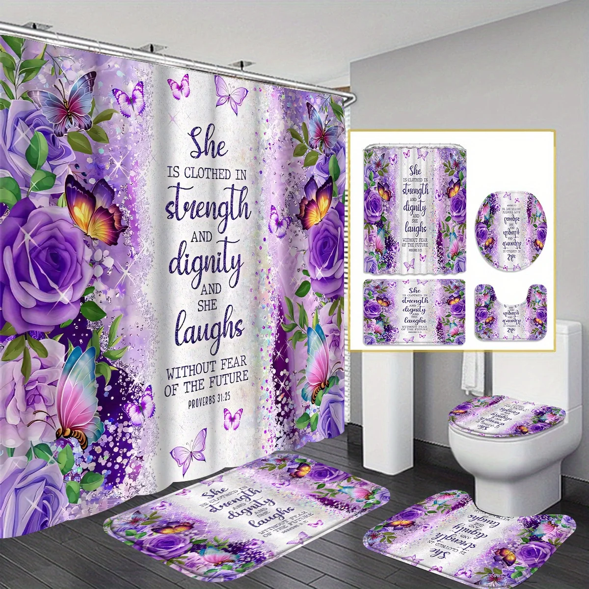 4pcs Vibrant Purple Flowers and Butterflies Shower Curtain Set - Privacy Curtains with Modern Design, Water-Repellent Fabric