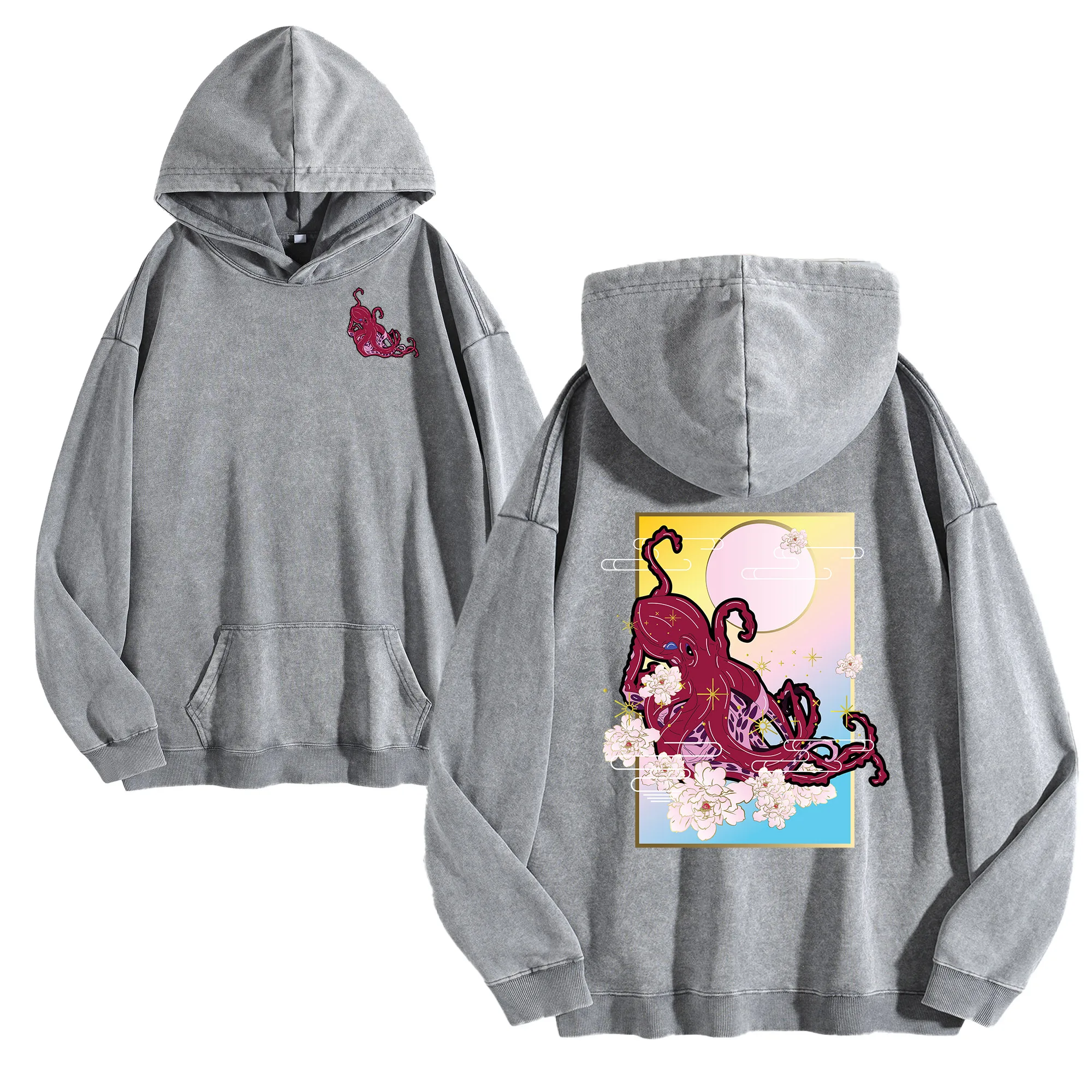 الأخطبوط العملاق على الوجهين طباعة 400G خمر غسلها هوديي للجنسين المتضخم الشارع الشهير البلوز مجموعة الخريف/الشتاء #2