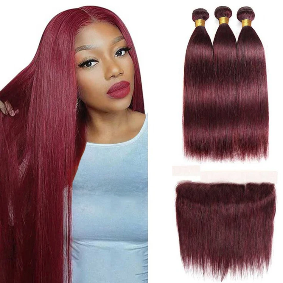 

99j Burgundy Bundles with Frontal Straight Hair 100% Unprocessed Brazilian Human Hair Weaves 3 Bundles with 13x4 HD Lace Frontal