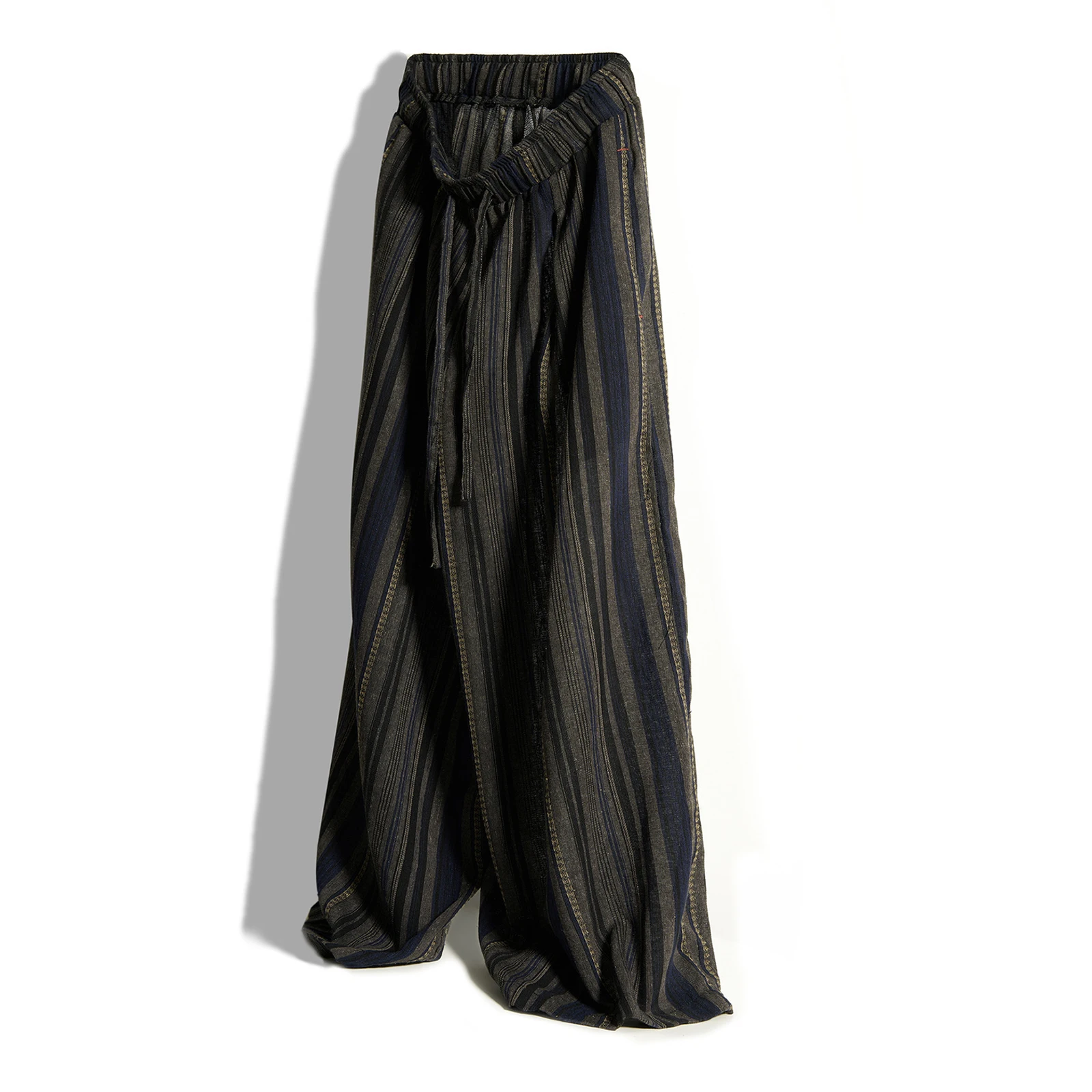 Men's Vintage Wide Leg Pants Loose Fit Striped Trousers Unisex Casual Elastic Waist Cotton Linen Cropped Pants Retro Streetwear