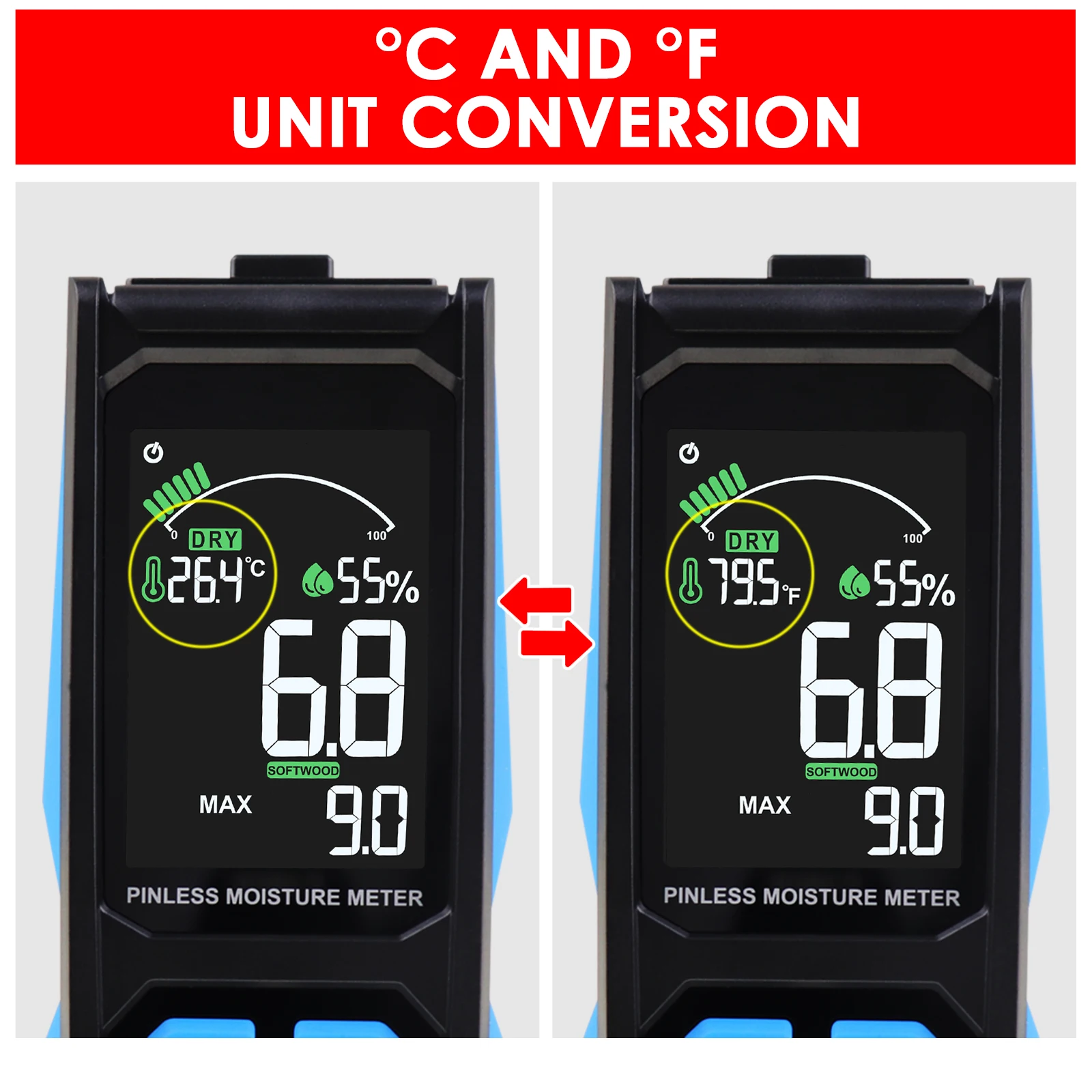 Digital Non-destructive Wood Moisture Meter For Drywall, Masonry, Softwood, Hardwood, VA Reverse Color Screen Display