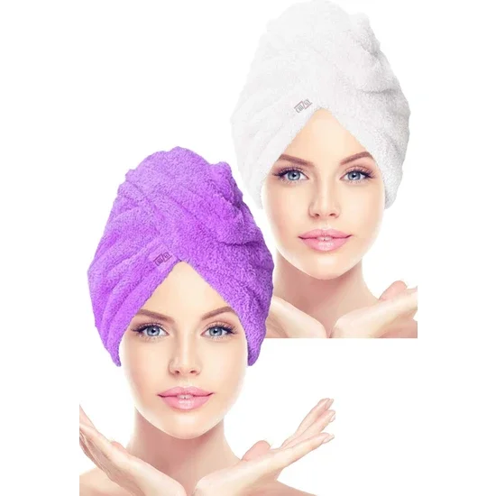 

Set of 2 Microfiber Button Hair Towel Cap lilac ecru Hair Bonnet