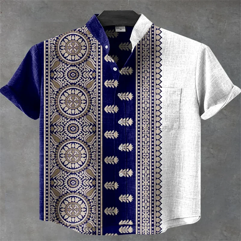 Summer new men's cool and comfortable casual short-sleeved shirt irregular pattern printing linen button fashion shirt