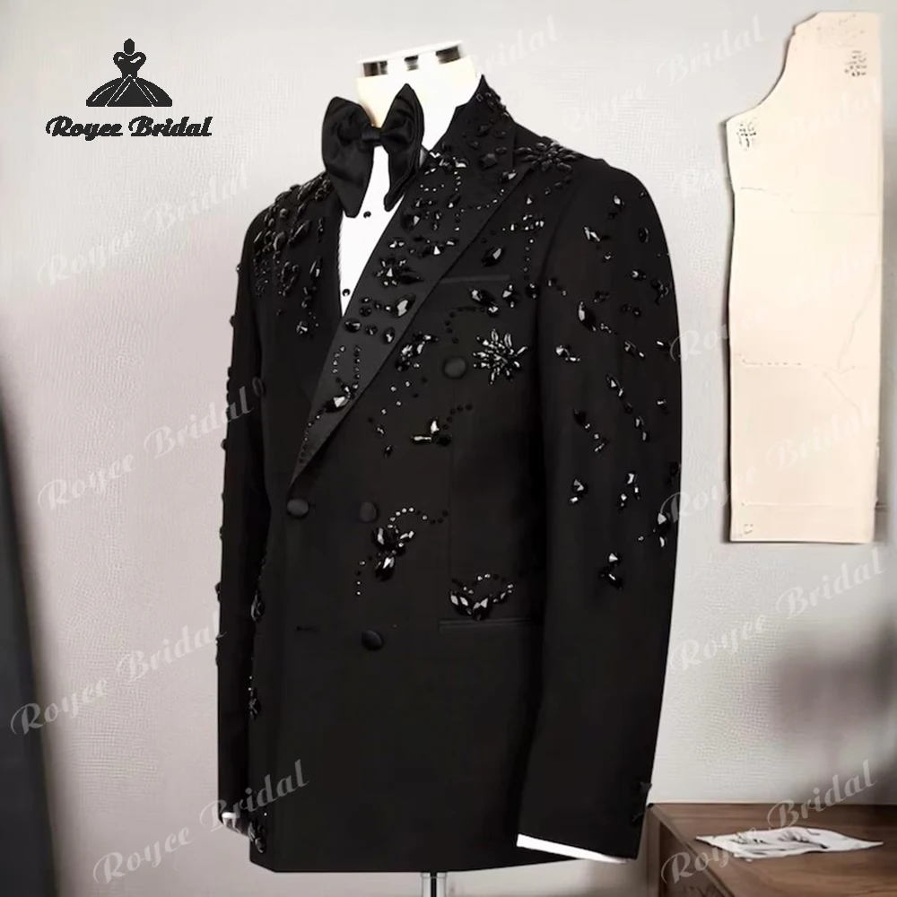 Luxe Verfraaid Tweedelige Bruiloft Heren Pak Single Breasted Kristallen Kralen Avond Prom Tuxedo Kostuum Homme Mariage