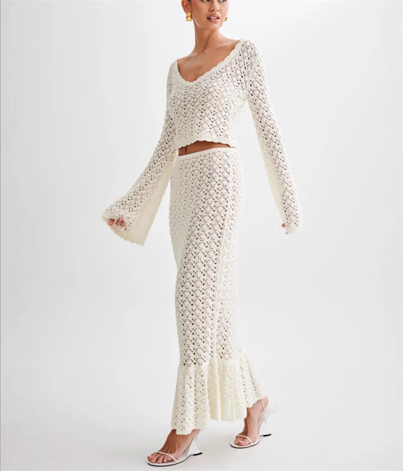 2 pezzi abito in maglia con balza da spiaggia top corto sexy a maniche lunghe e gonna a vita alta avvolgente da salone copricostume bikini all'uncinetto cavo da donna