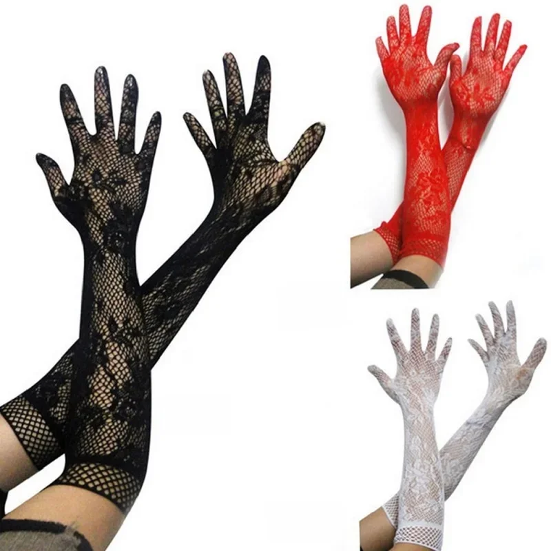 Gants en dentelle à manches longues pour femmes, maille transparente, élastique floral, gants de mariée sexy, mitaines gothiques punk, robe de paupières cosplay