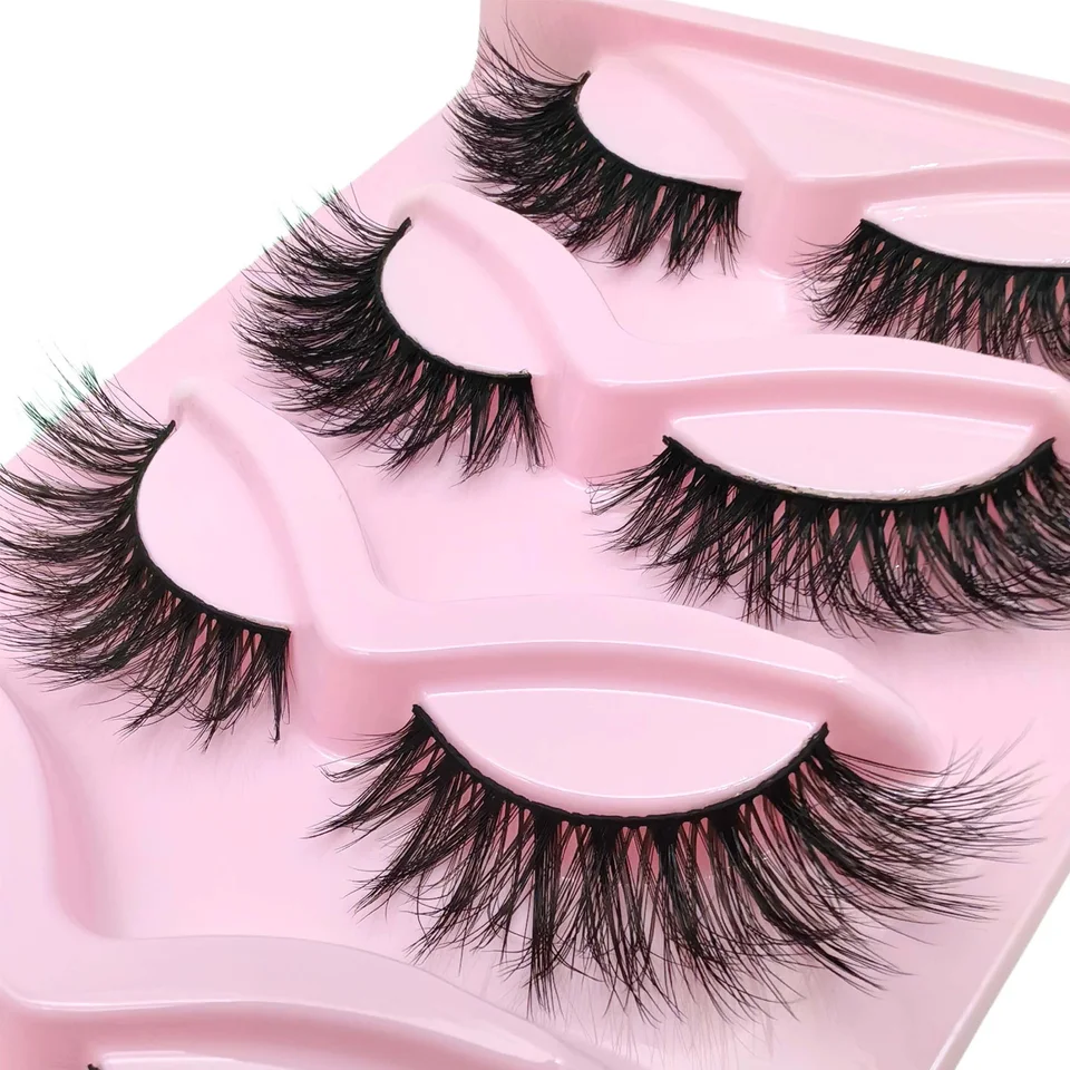 5 pares de pestañas ojo de gato 3D naturales postizas, esponjosas suaves cruzadas con banda transparente, pestañas manga esponjosas para maquillaje 5
