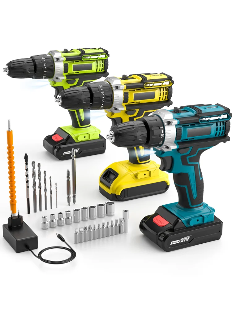 Juego de Taladro Atornillador Inalámbrico de 21V, Destornillador Eléctrico con 25+3 Ajustes de Torque y 2 Velocidades Variables, 2 Baterías