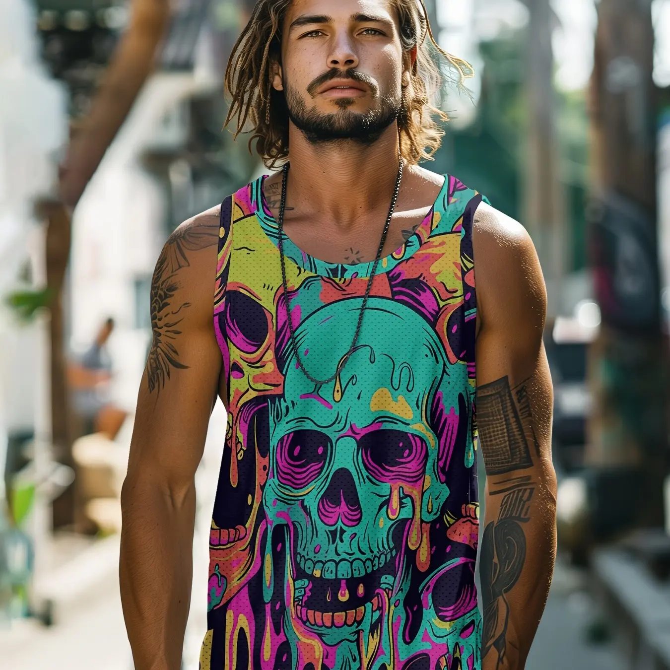 Summer Men's Vest T-shirt Skull Pattern Tribal Round Neck Clothes Daily Fitness Sports Comfortable Breathable Sleeveless Vest