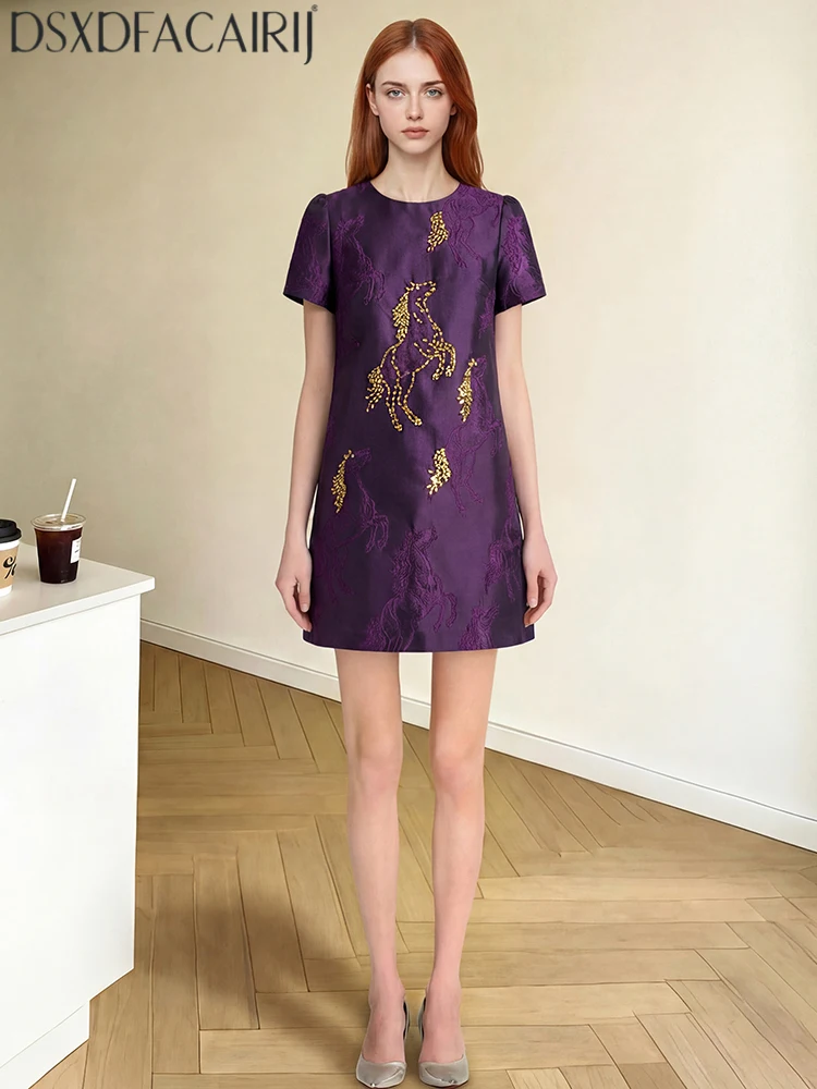 

DSXDFACAIRIJ Новая модель женских платьев с круглым вырезом, короткими рукавами, вышивкой и пайетками, летний классический стиль, изысканные платья