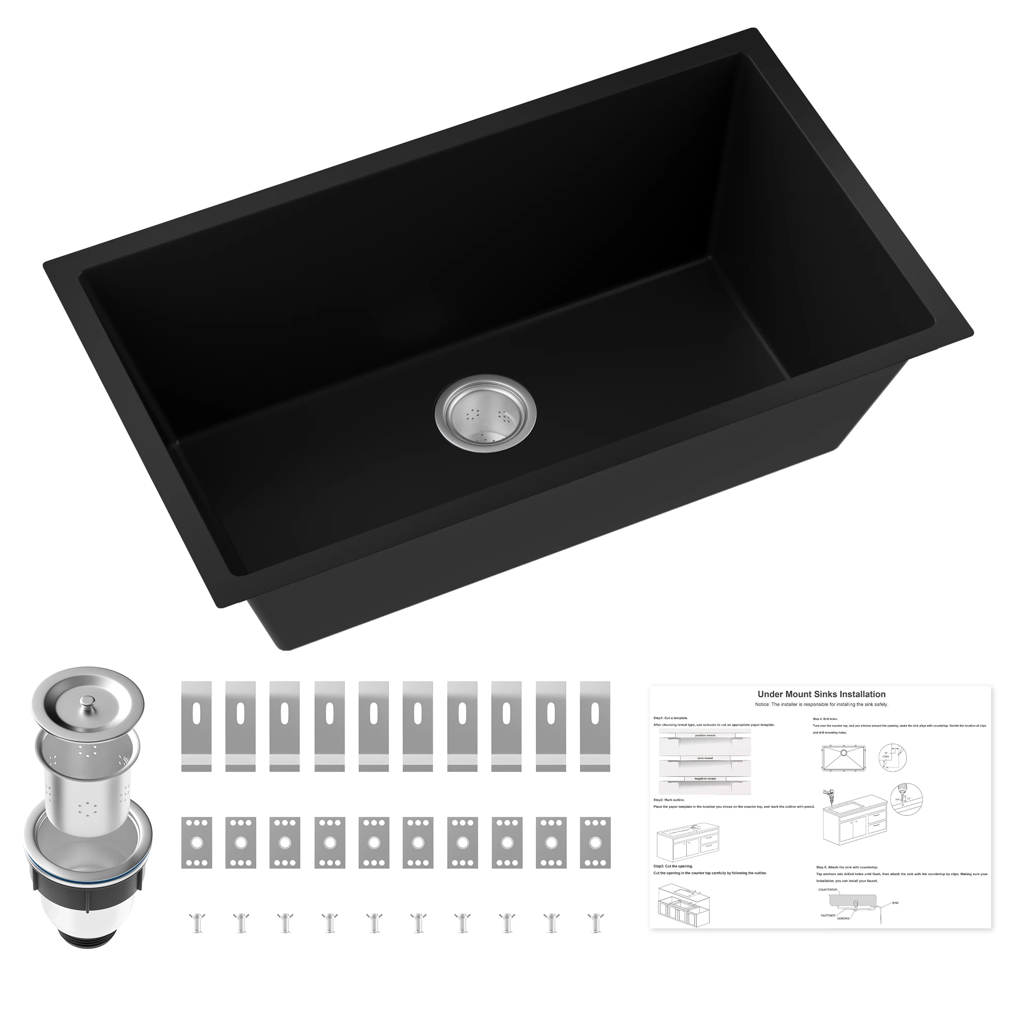 Premium 30x18 Inch Undermount Kitchen Sink, Single Bowl Quartz Composite Sink with Strainer & Mounting Kit